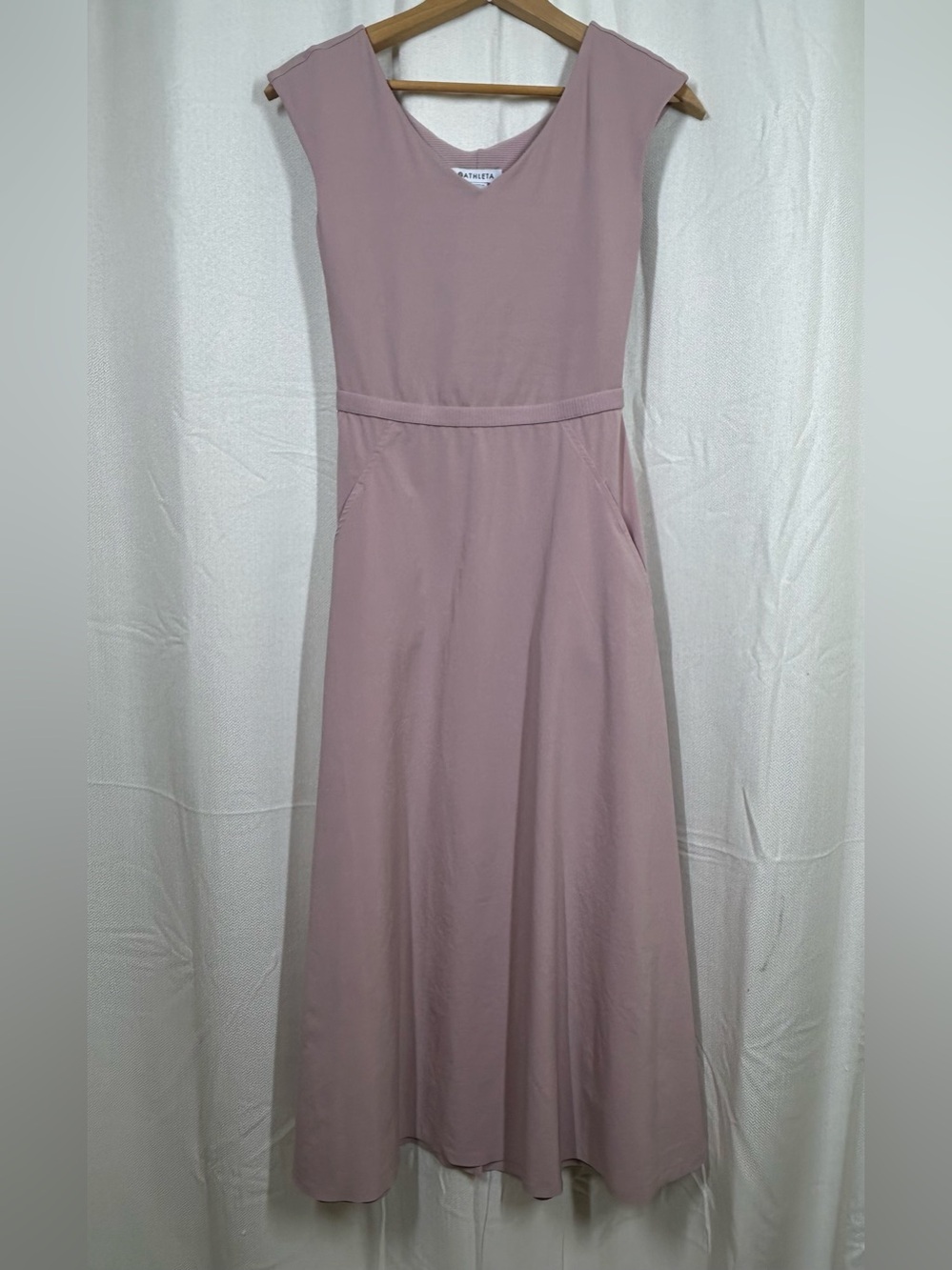 Athleta Mauve Pink Midi Dress V-neck Cap Sleeve Size XS Pockets